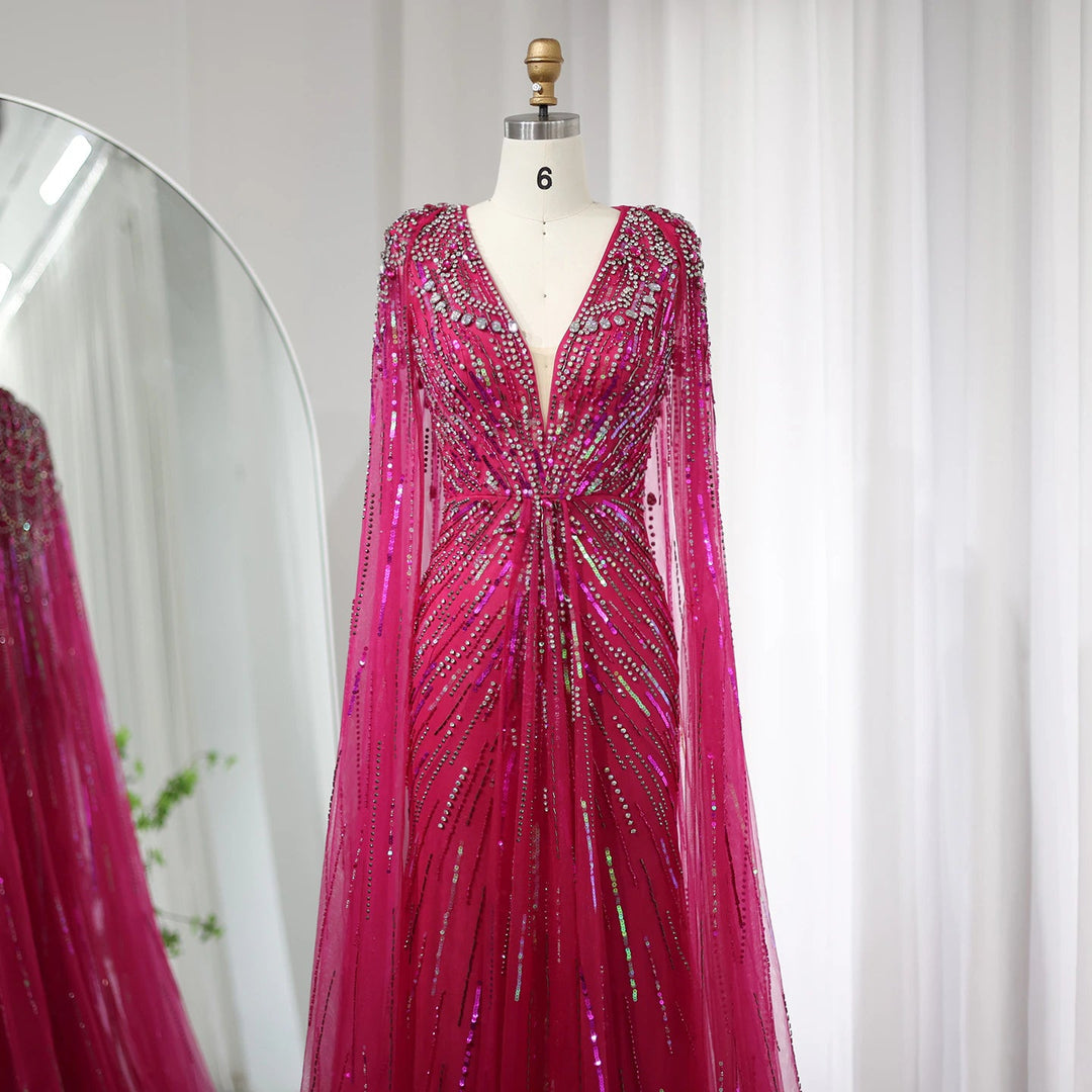 Luxury Crystal Cape Sleeve Evening Gown
