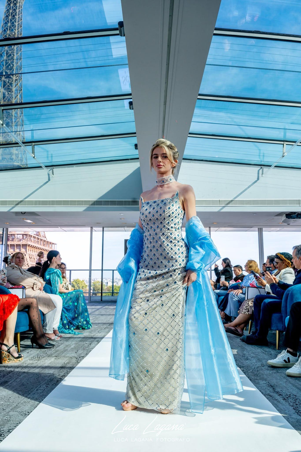 Luxury Crystal-Embellished Column Gown with Sheer Blue Cape and Choker Neckline SB002
