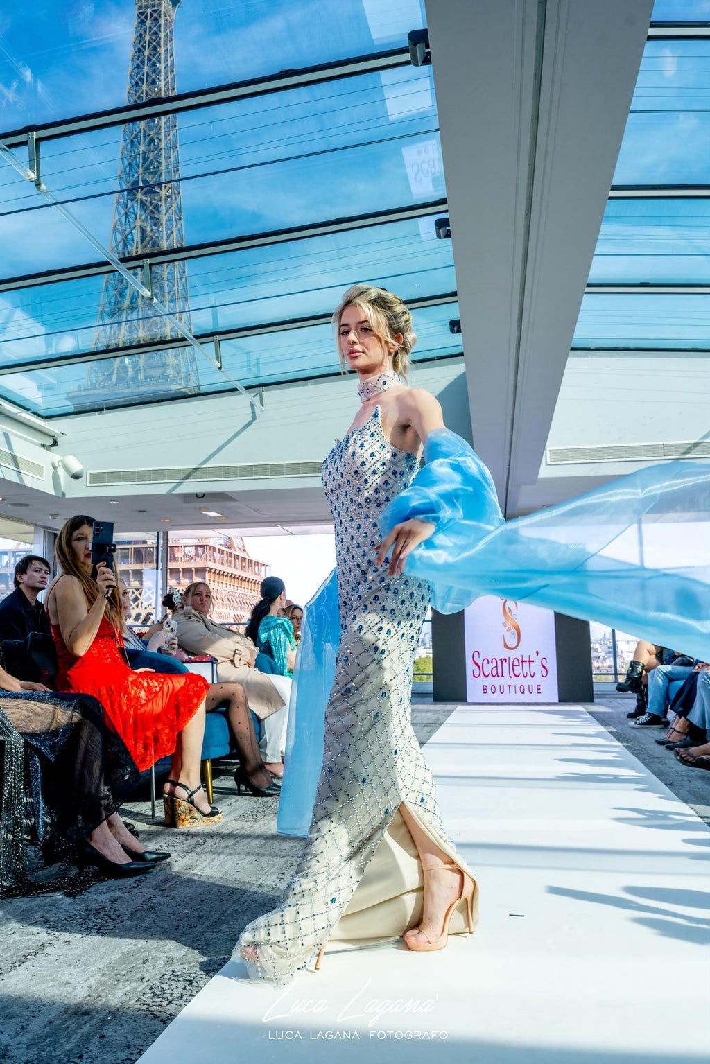 Luxury Crystal-Embellished Column Gown with Sheer Blue Cape and Choker Neckline SB002