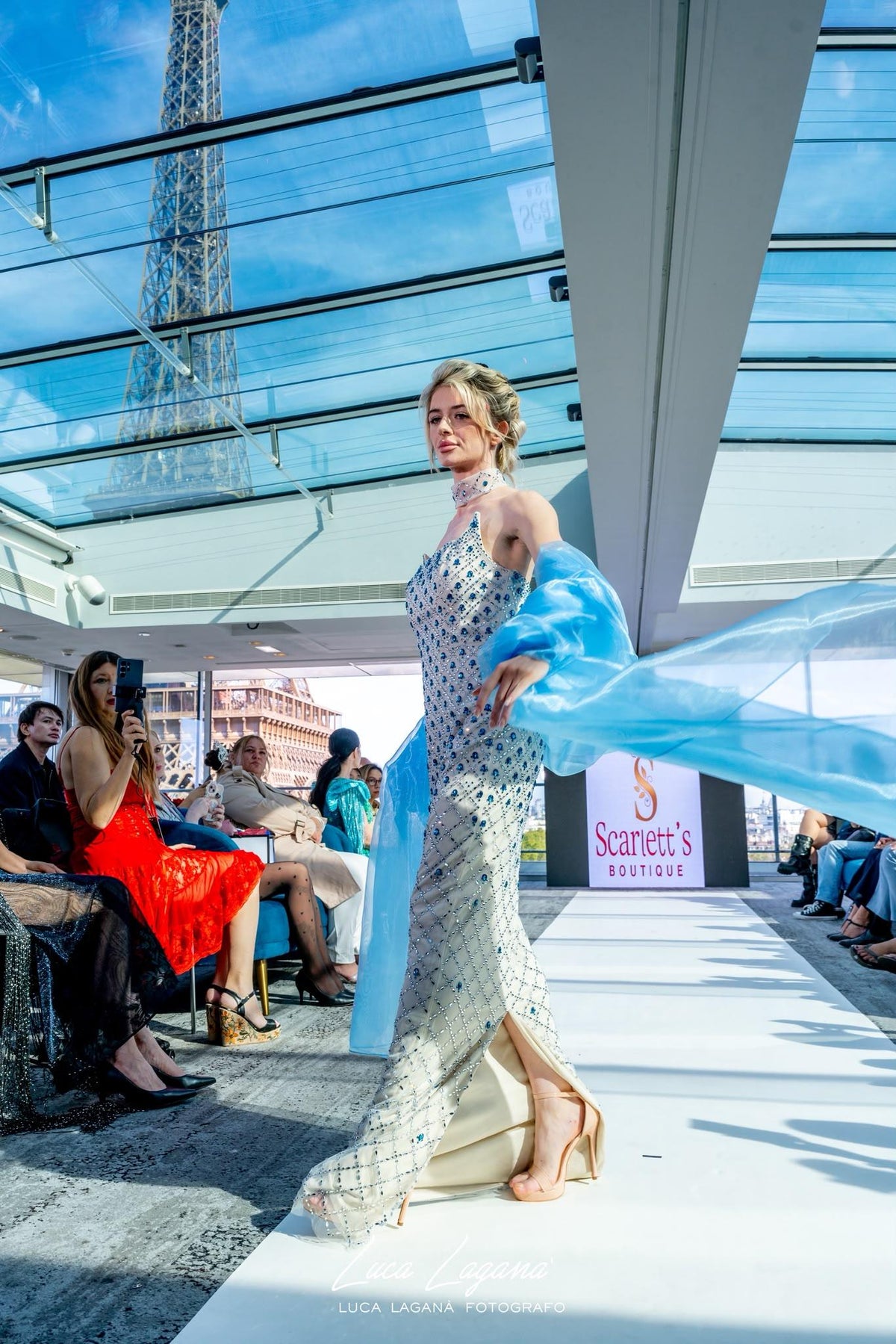 Luxury Crystal-Embellished Column Gown with Sheer Blue Cape and Choker Neckline SB002