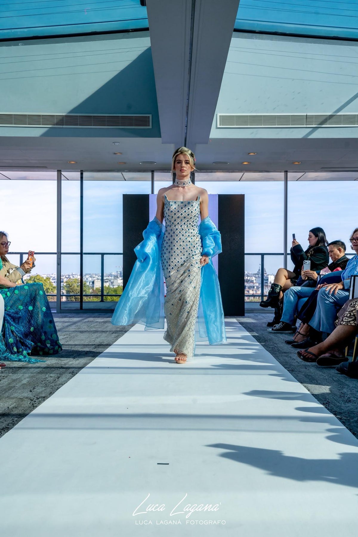 Luxury Crystal-Embellished Column Gown with Sheer Blue Cape and Choker Neckline SB002