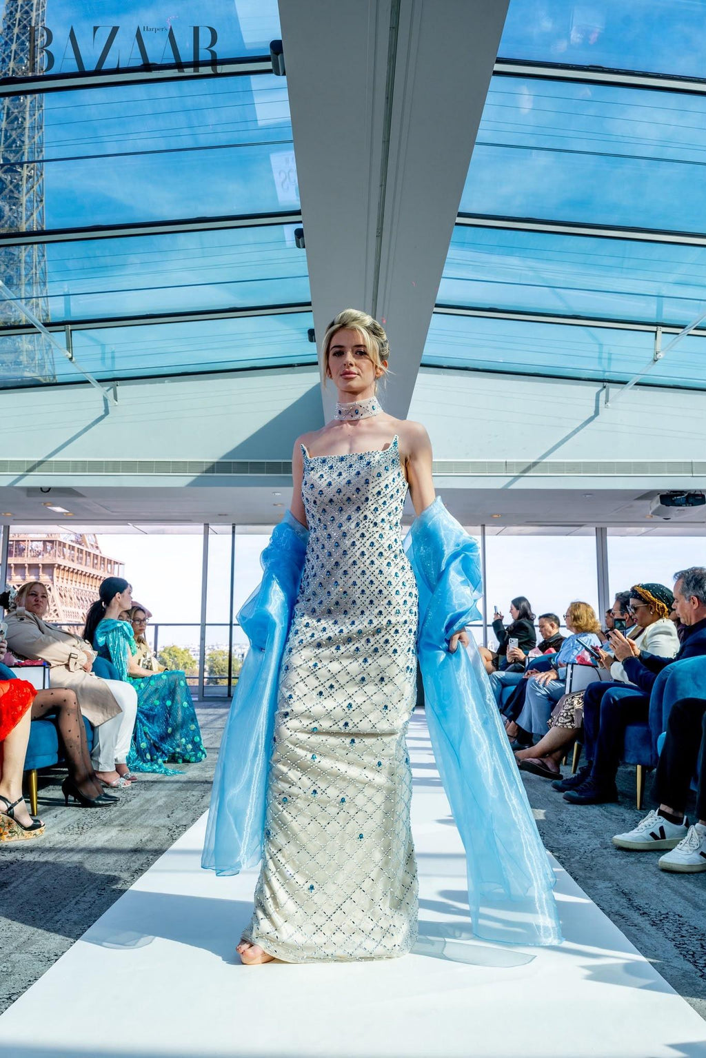 Luxury Crystal-Embellished Column Gown with Sheer Blue Cape and Choker Neckline SB002