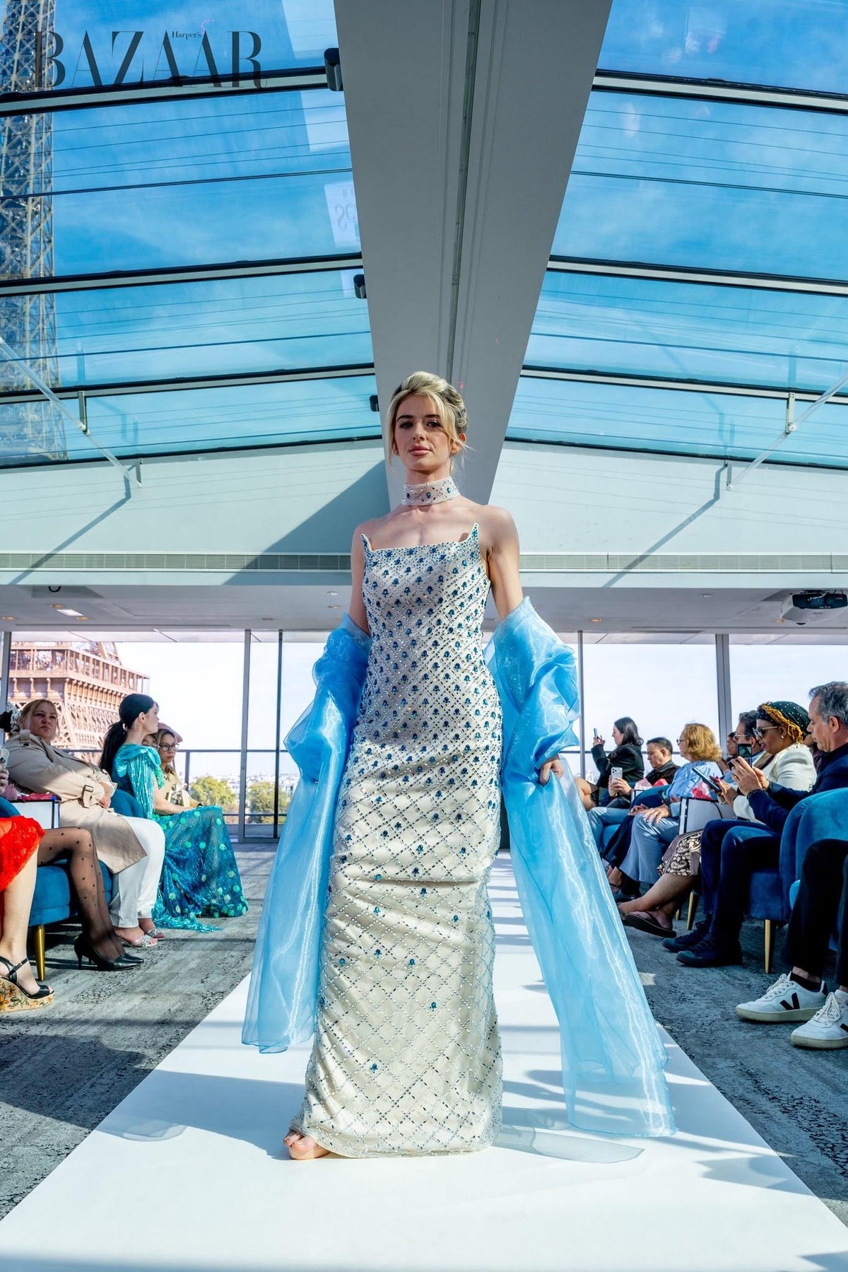 Luxury Crystal-Embellished Column Gown with Sheer Blue Cape and Choker Neckline SB002