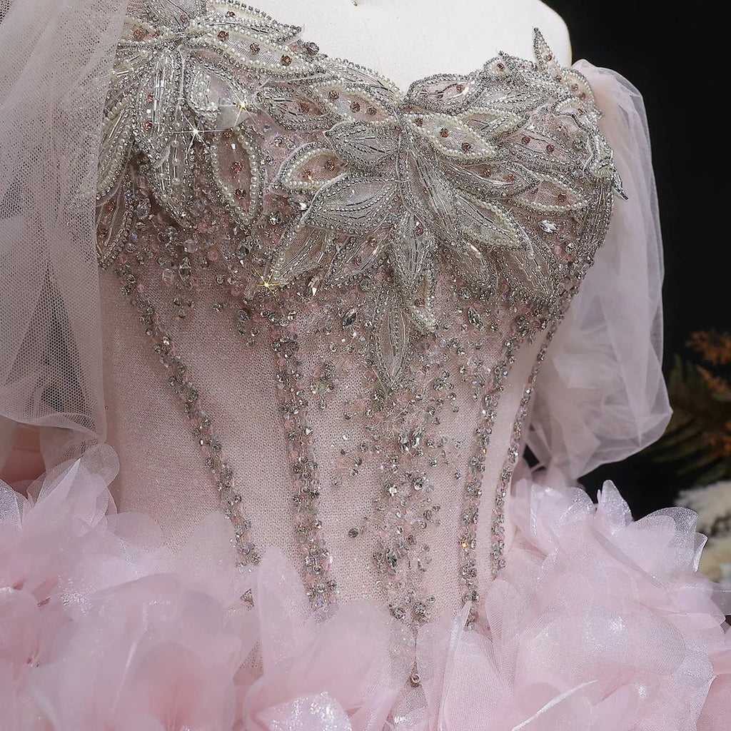 Luxury Pink 3D Floral Prom Dress with Detachable Train