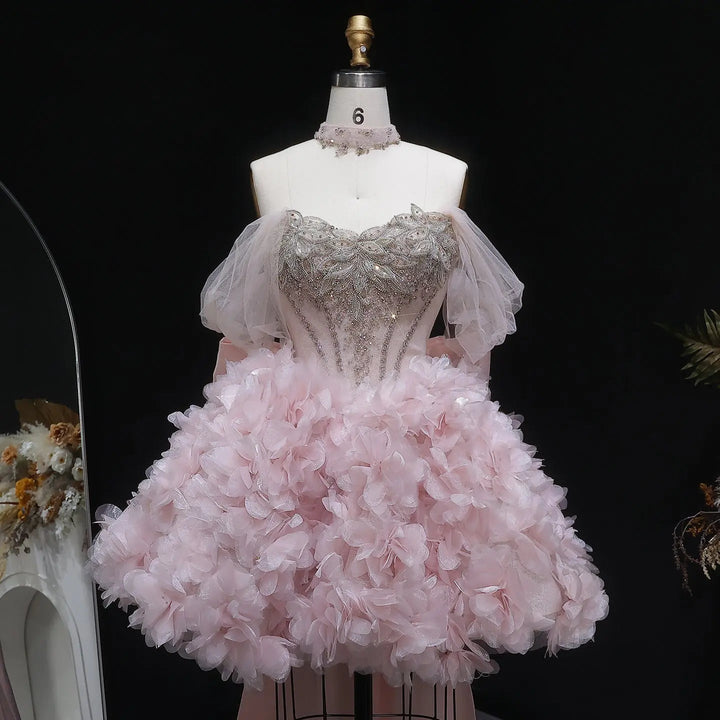 Luxury Pink 3D Floral Prom Dress with Detachable Train