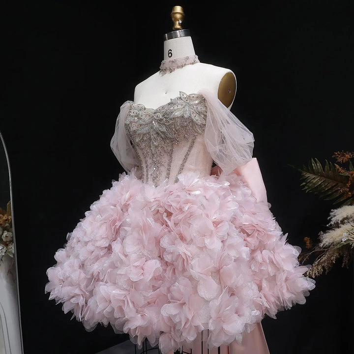 Luxury Pink 3D Floral Prom Dress with Detachable Train