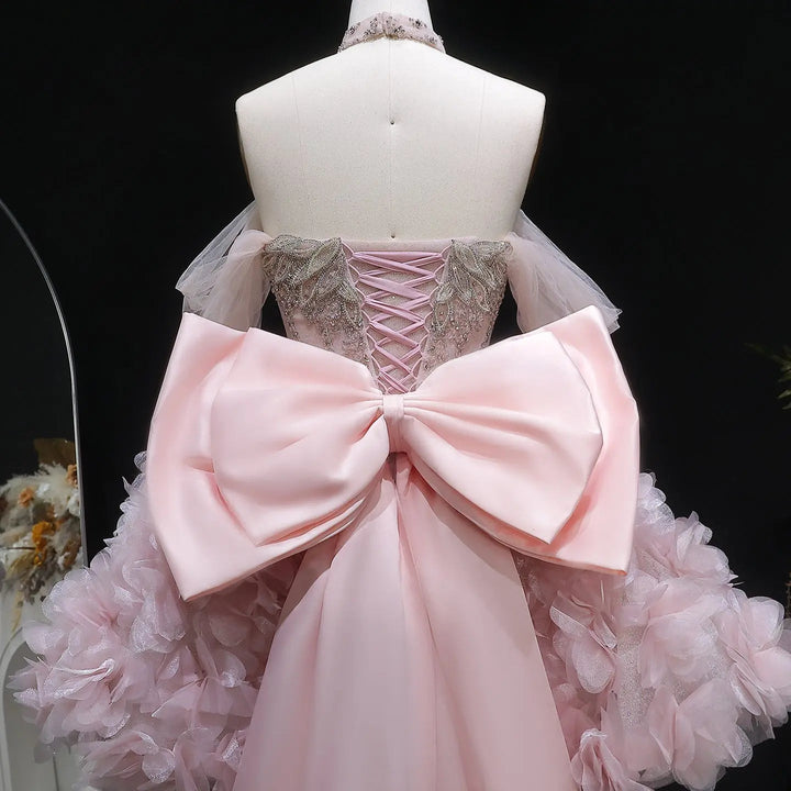 Luxury Pink 3D Floral Prom Dress with Detachable Train