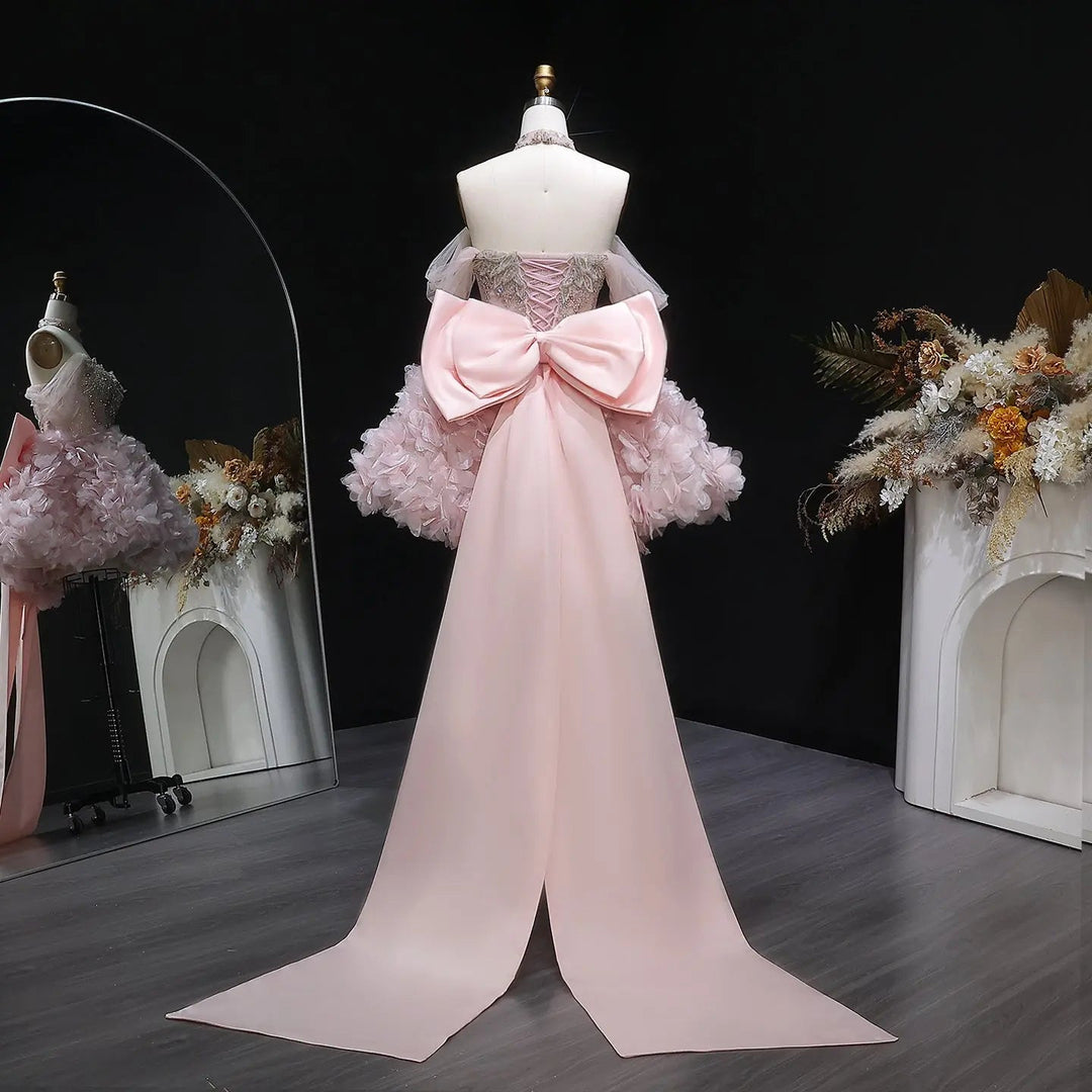 Luxury Pink 3D Floral Prom Dress with Detachable Train