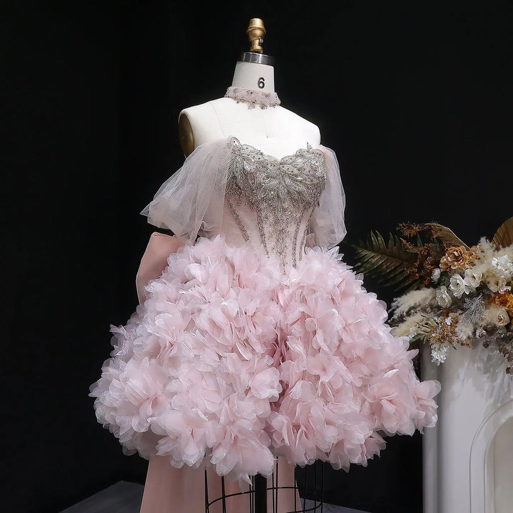 Luxury Pink 3D Floral Prom Dress with Detachable Train