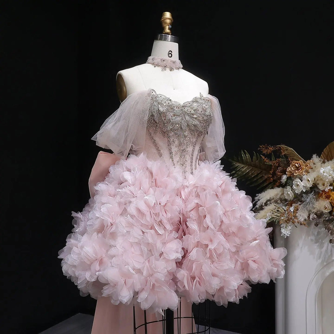 Luxury Pink 3D Floral Prom Dress with Detachable Train