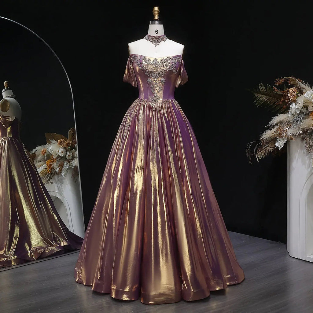 Bridegerton Luxury Rose Gold Gradient Satin Ball Gown Off-Shoulder Evening Dress