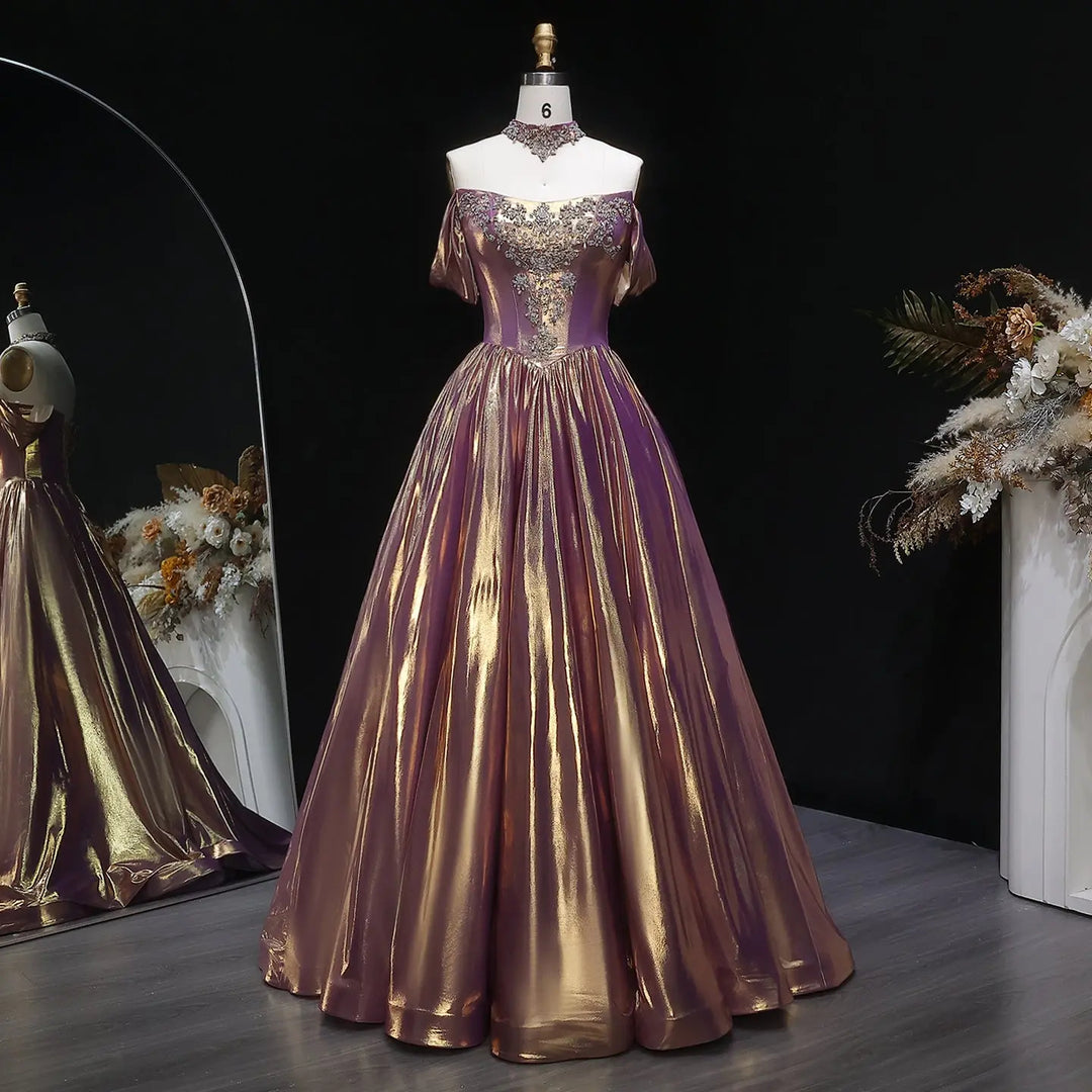 Bridegerton Luxury Rose Gold Gradient Satin Ball Gown Off-Shoulder Evening Dress