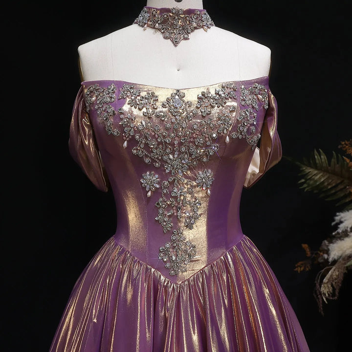 Bridegerton Luxury Rose Gold Gradient Satin Ball Gown Off-Shoulder Evening Dress