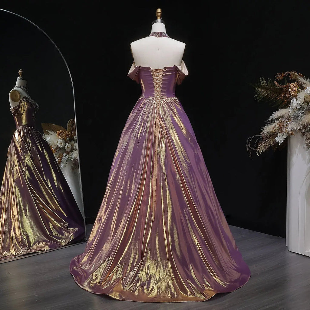 Bridegerton Luxury Rose Gold Gradient Satin Ball Gown Off-Shoulder Evening Dress