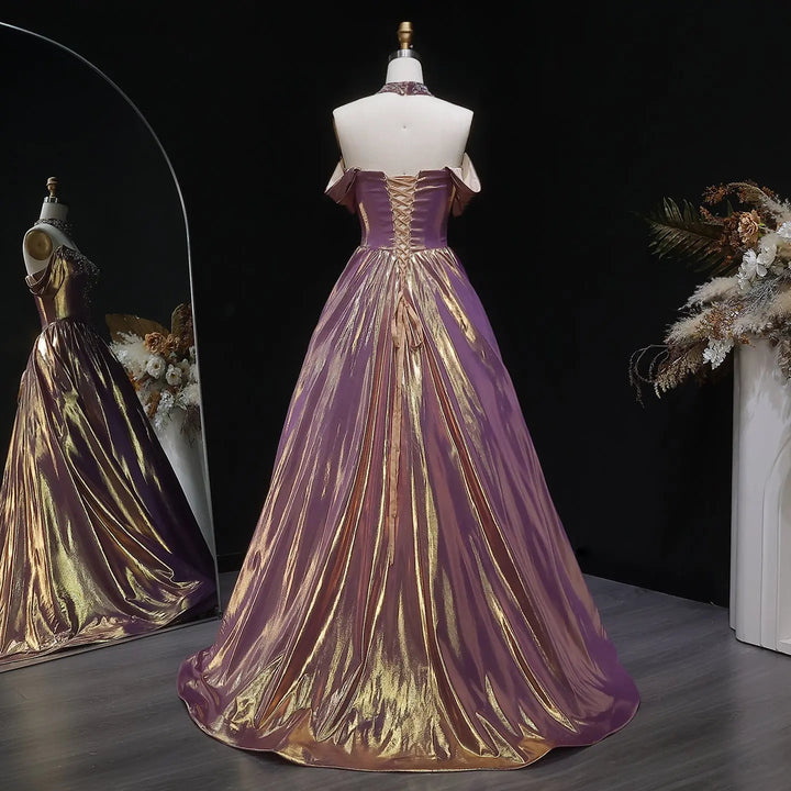 Bridegerton Luxury Rose Gold Gradient Satin Ball Gown Off-Shoulder Evening Dress