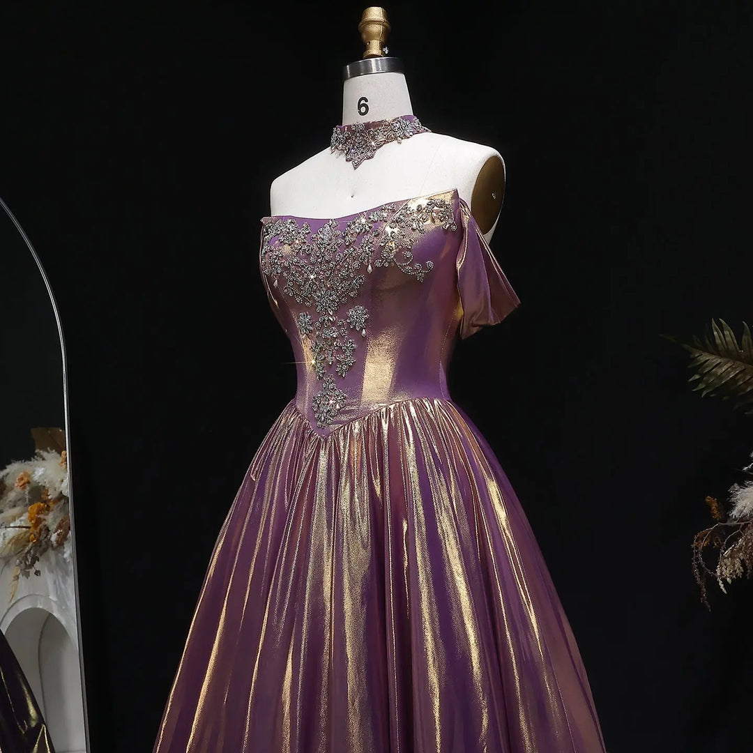 Bridegerton Luxury Rose Gold Gradient Satin Ball Gown Off-Shoulder Evening Dress