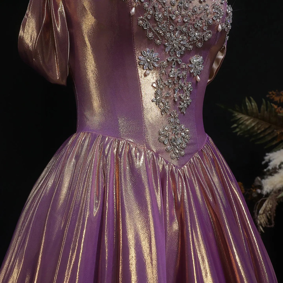 Bridegerton Luxury Rose Gold Gradient Satin Ball Gown Off-Shoulder Evening Dress