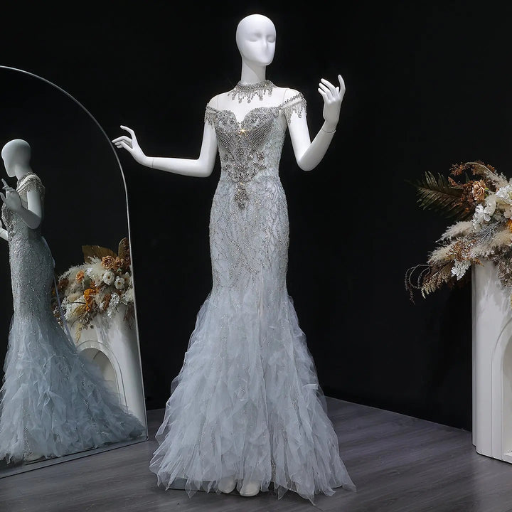 Luxury Silver Gray Beaded Tulle Train Evening Dress