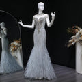 Luxury Silver Gray Beaded Tulle Train Evening Dress