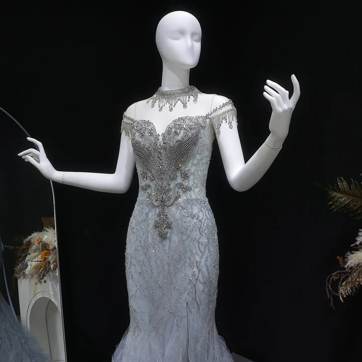 Luxury Silver Gray Beaded Tulle Train Evening Dress