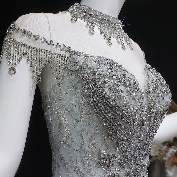 Luxury Silver Gray Beaded Tulle Train Evening Dress
