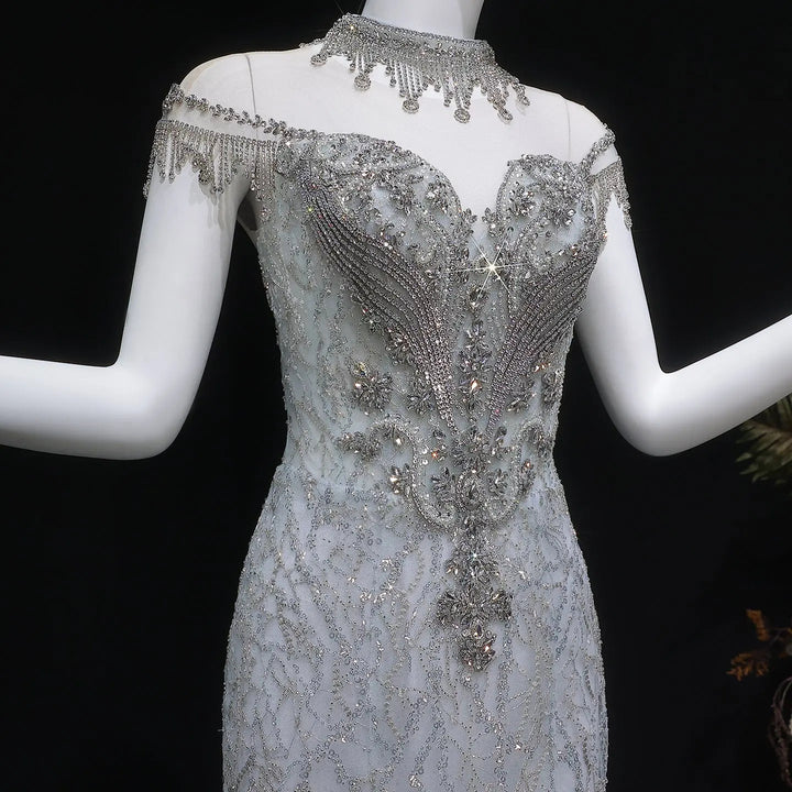 Luxury Silver Gray Beaded Tulle Train Evening Dress