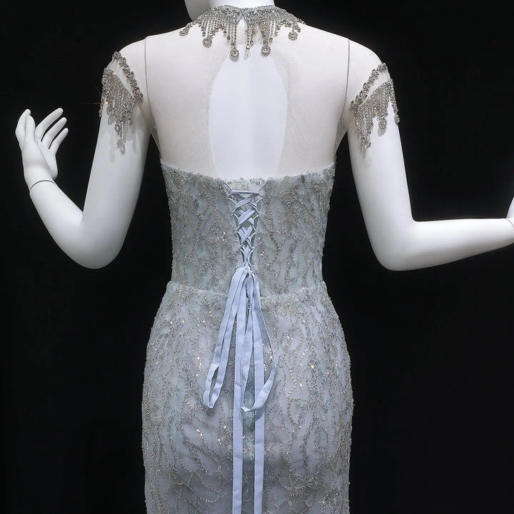 Luxury Silver Gray Beaded Tulle Train Evening Dress