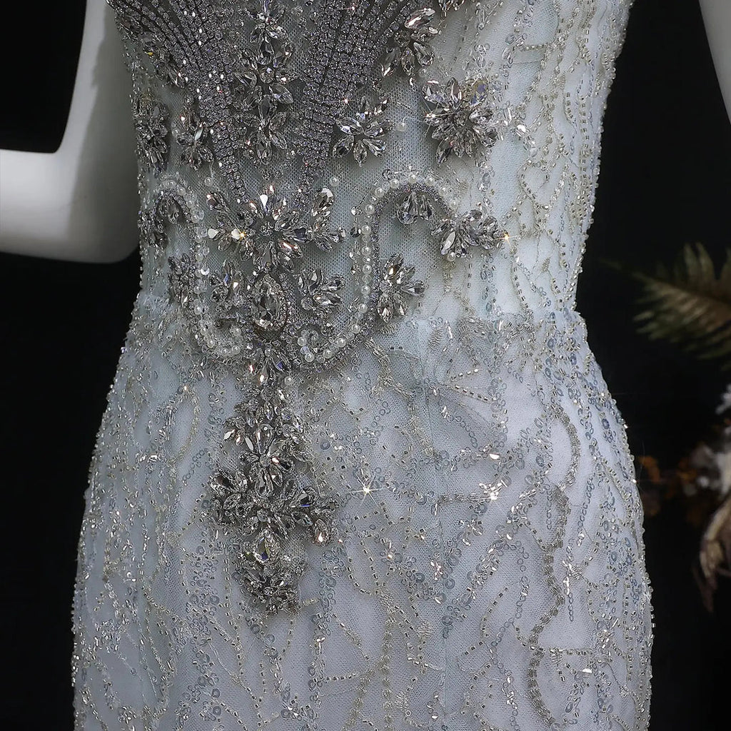 Luxury Silver Gray Beaded Tulle Train Evening Dress