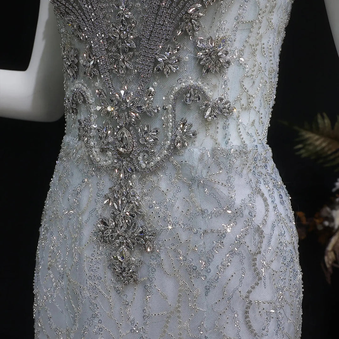 Luxury Silver Gray Beaded Tulle Train Evening Dress