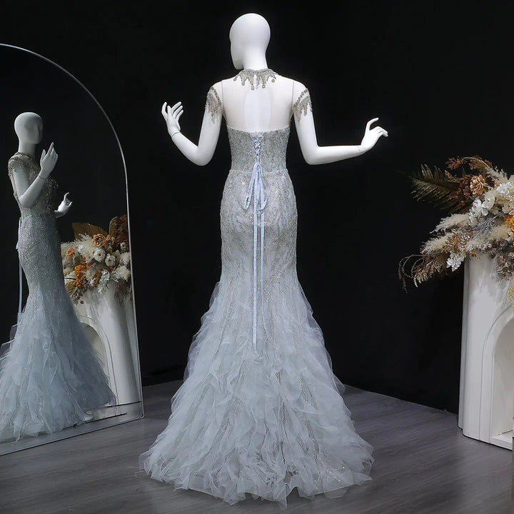 Luxury Silver Gray Beaded Tulle Train Evening Dress