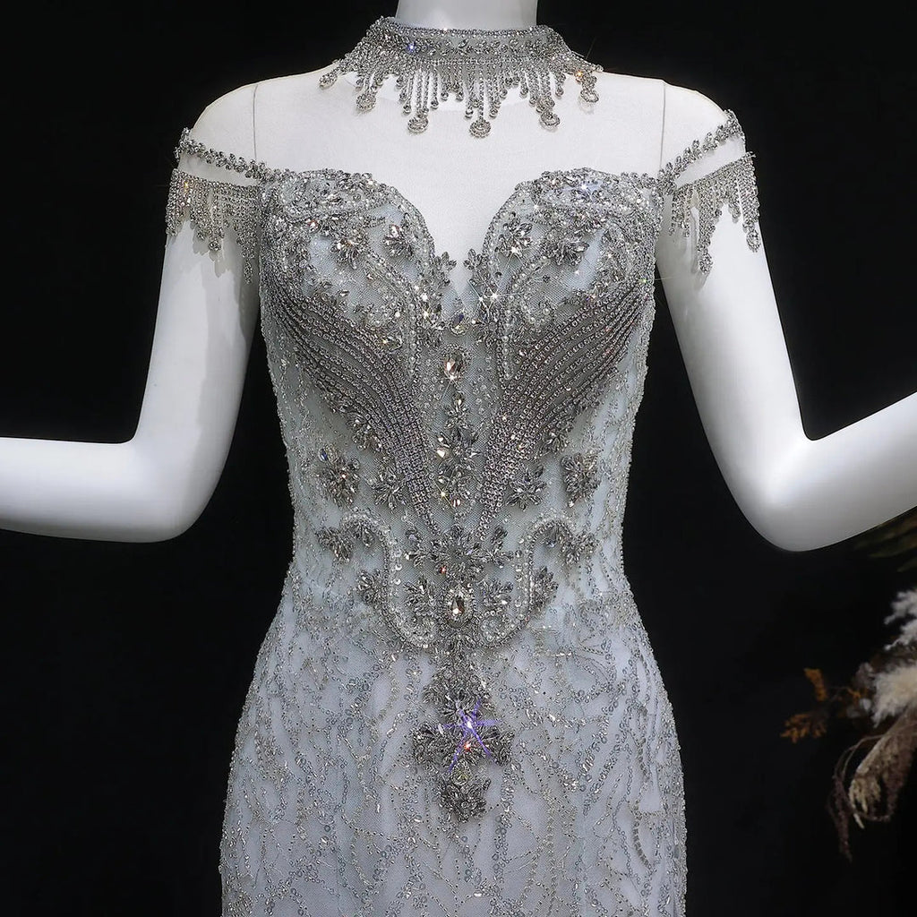 Luxury Silver Gray Beaded Tulle Train Evening Dress