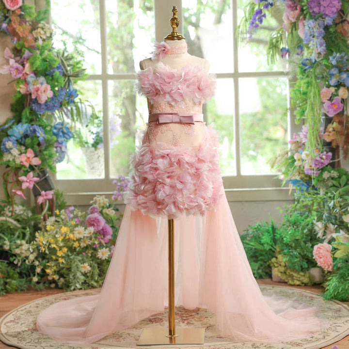 Luxury Blush Pink 3D Floral Petal Gown with Train