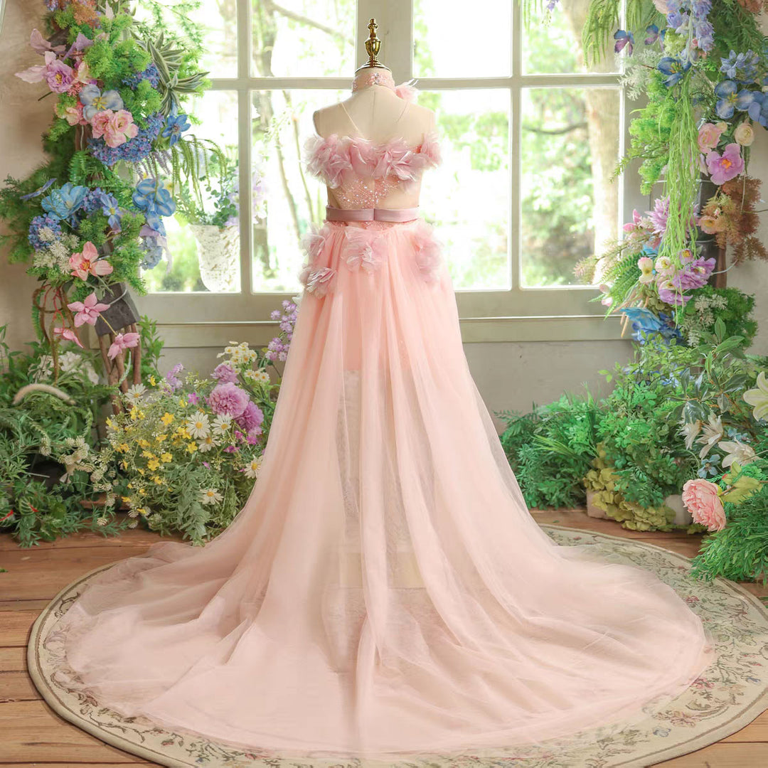 Luxury Blush Pink 3D Floral Petal Gown with Train