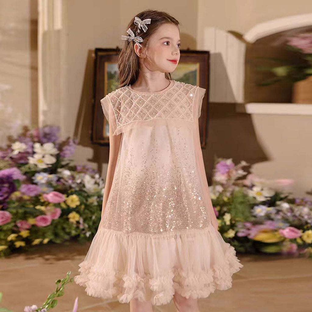 Blush Pink Sparkly Beaded Dress with Ruffled Hem