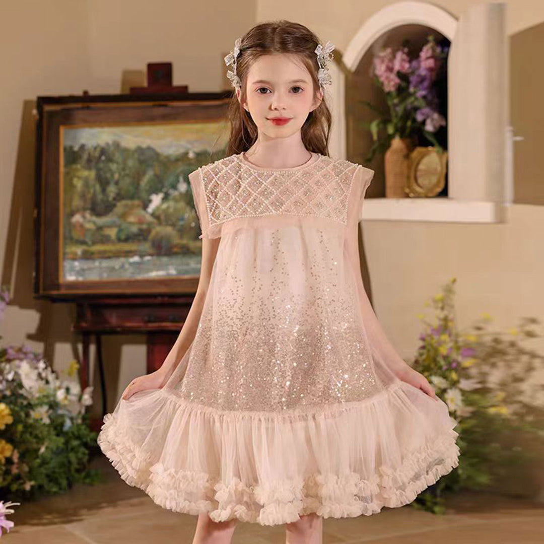 Blush Pink Sparkly Beaded Dress with Ruffled Hem