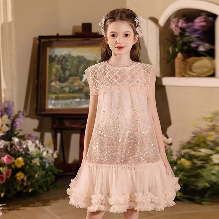 Blush Pink Sparkly Beaded Dress with Ruffled Hem