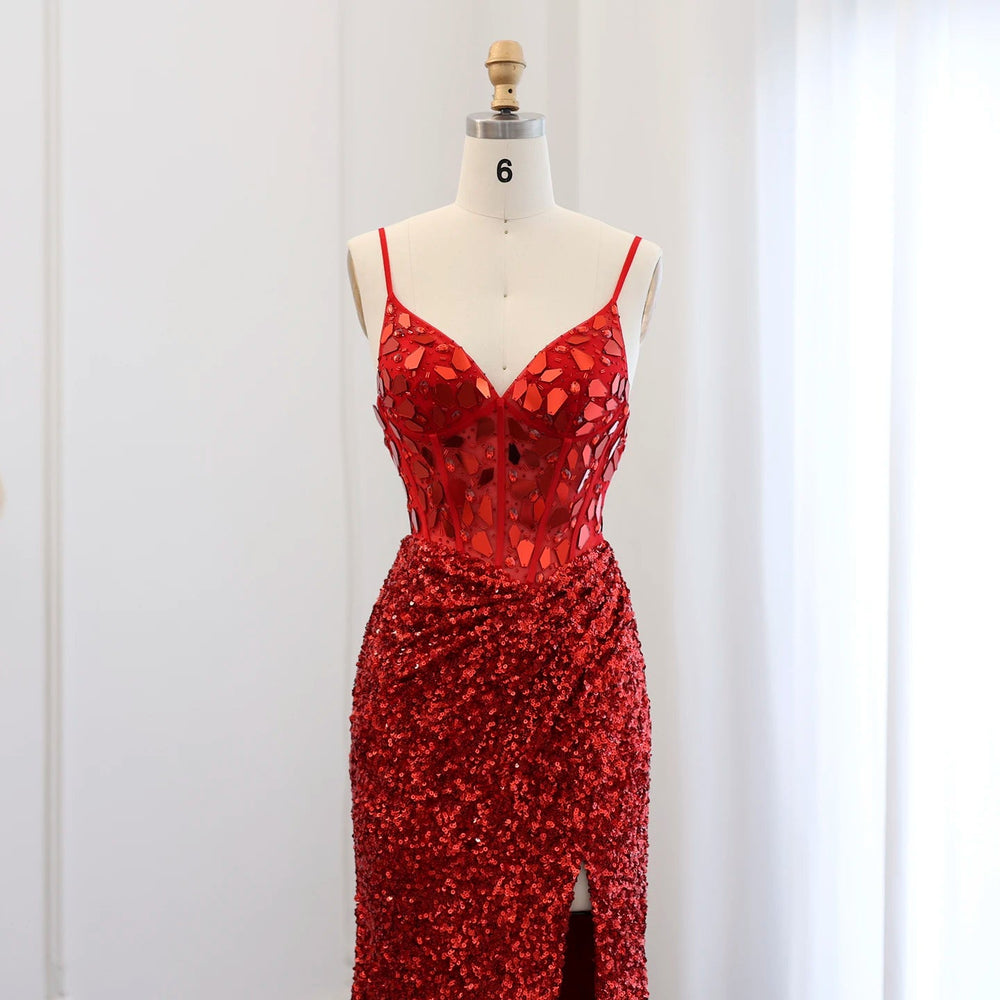 Red Sequin Spaghetti Strap Mermaid Gown
