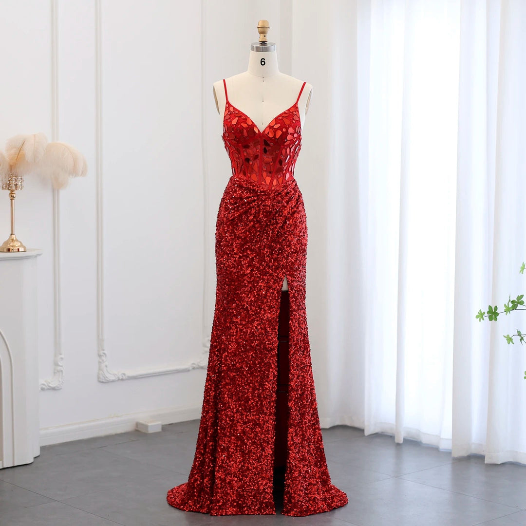 Red Sequin Spaghetti Strap Mermaid Gown