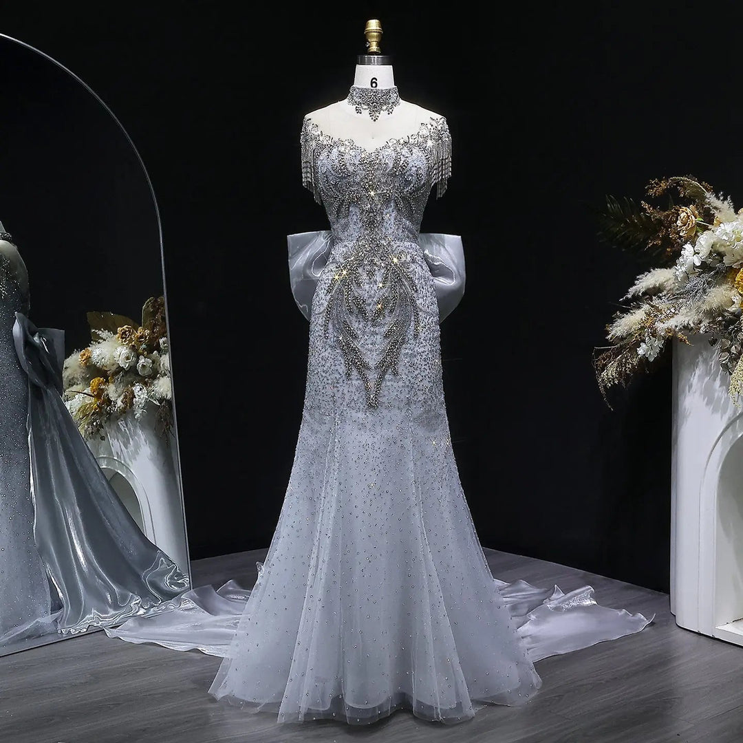 Silver Gray Crystal Beaded Mermaid Gown with Bow Train & Crystal Choker