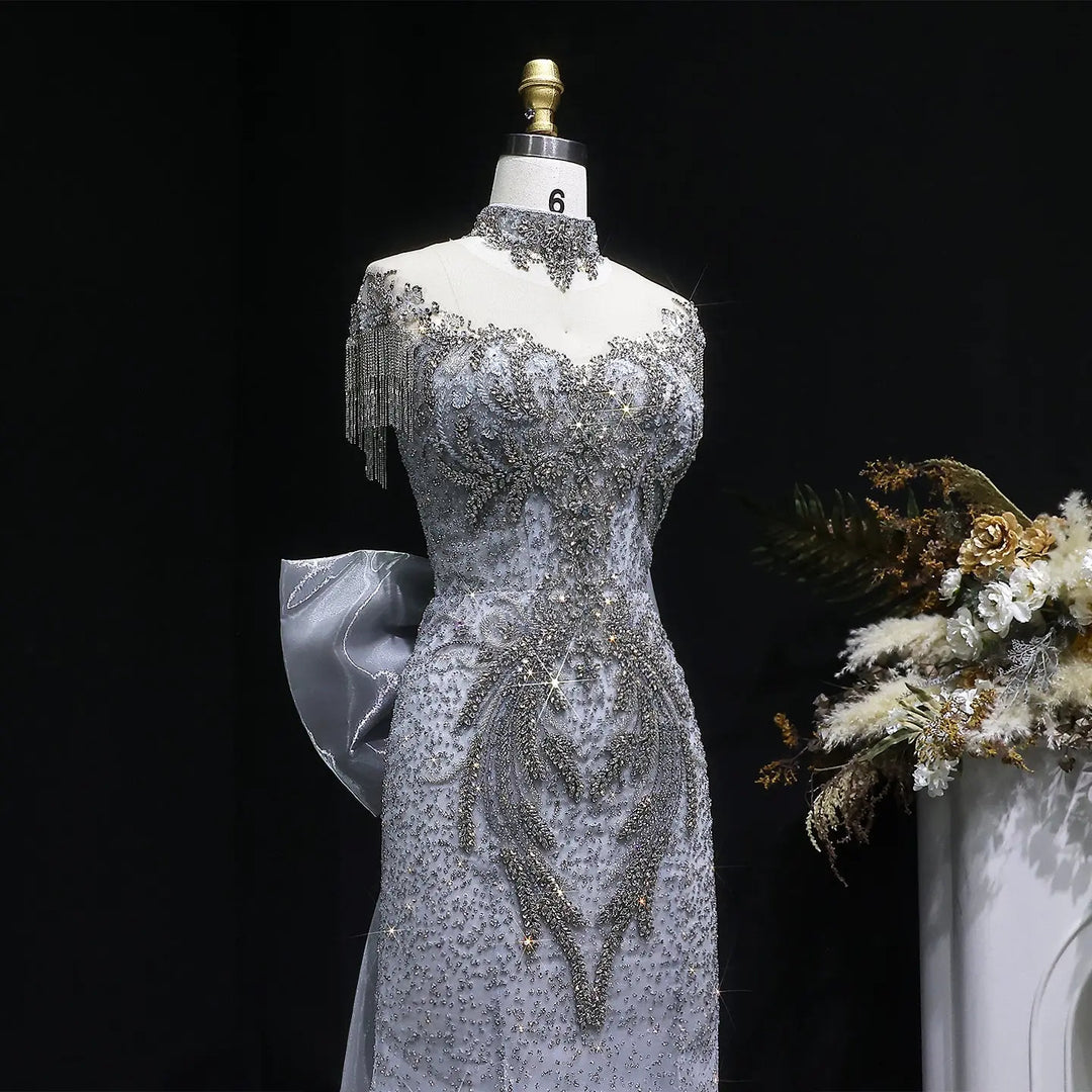 Silver Gray Crystal Beaded Mermaid Gown with Bow Train & Crystal Choker
