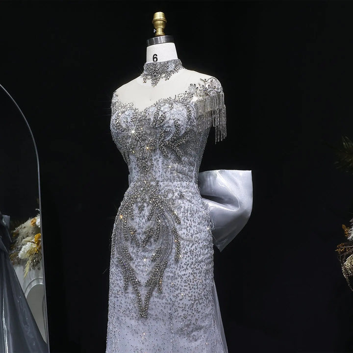 Silver Gray Crystal Beaded Mermaid Gown with Bow Train & Crystal Choker