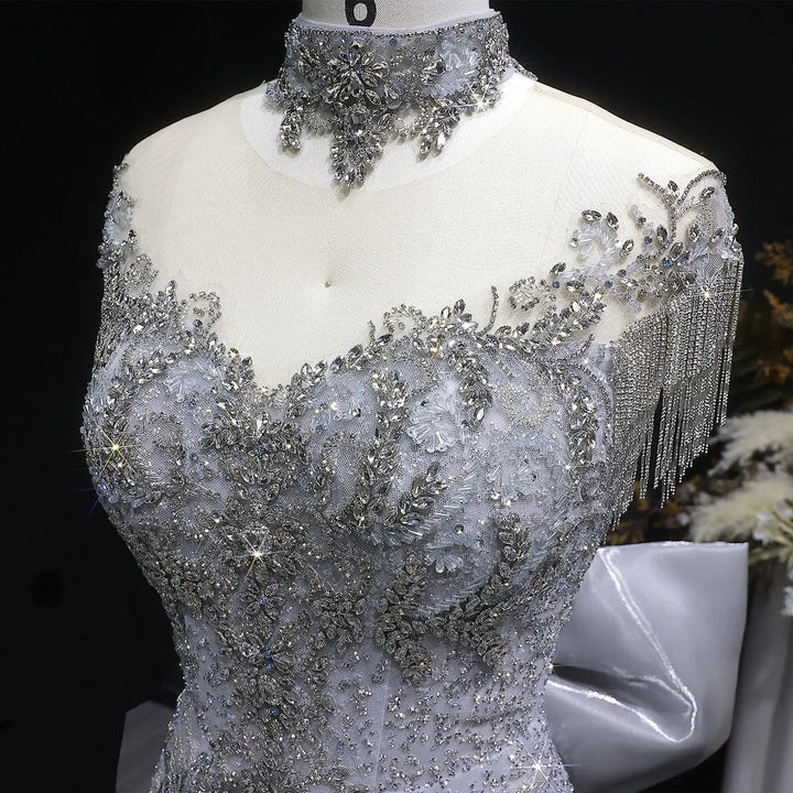 Silver Gray Crystal Beaded Mermaid Gown with Bow Train & Crystal Choker