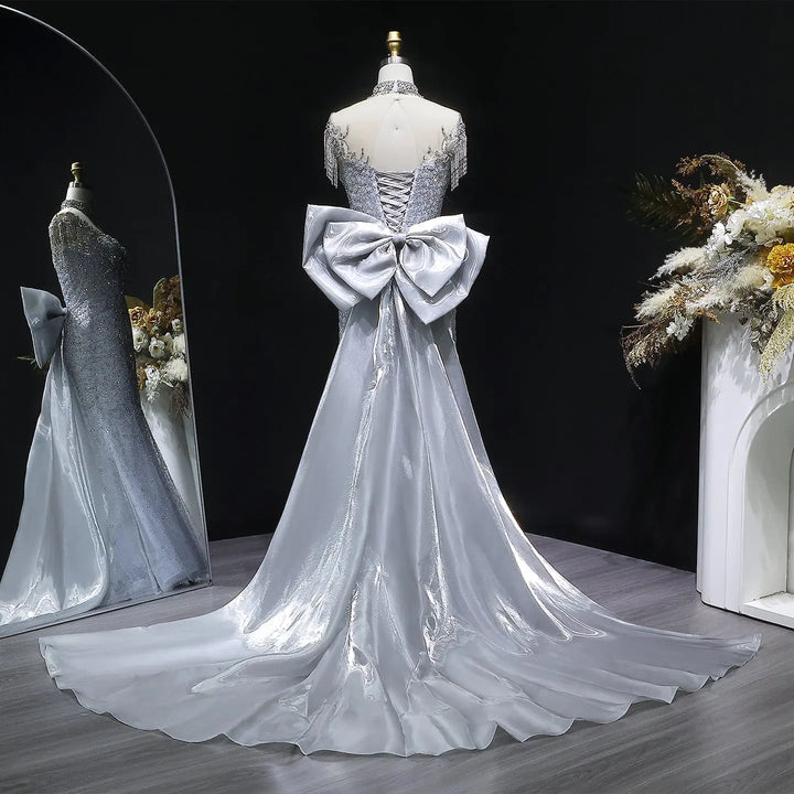 Silver Gray Crystal Beaded Mermaid Gown with Bow Train & Crystal Choker
