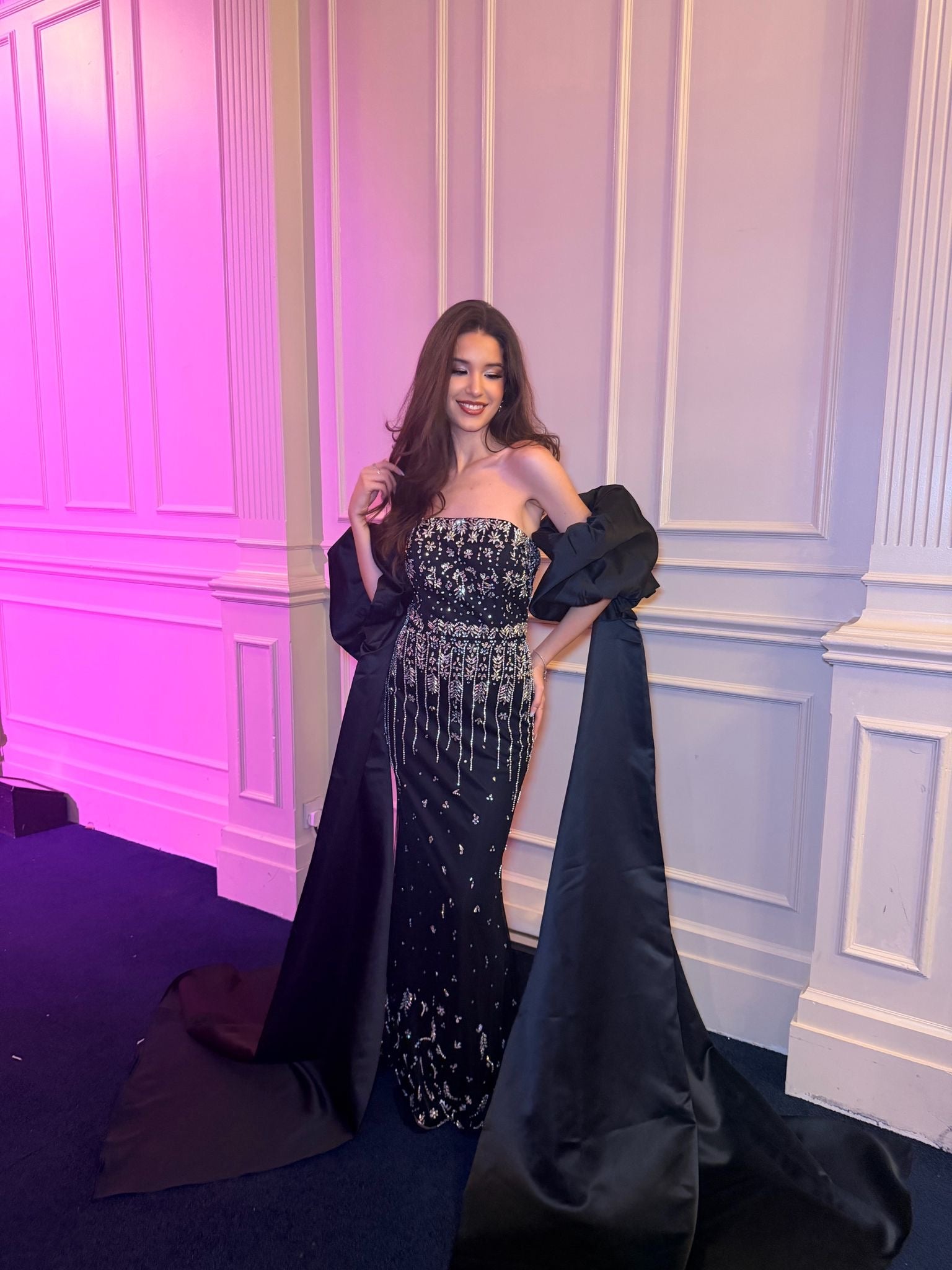 Black Crystal Tassel Strapless Gown with Satin Cape