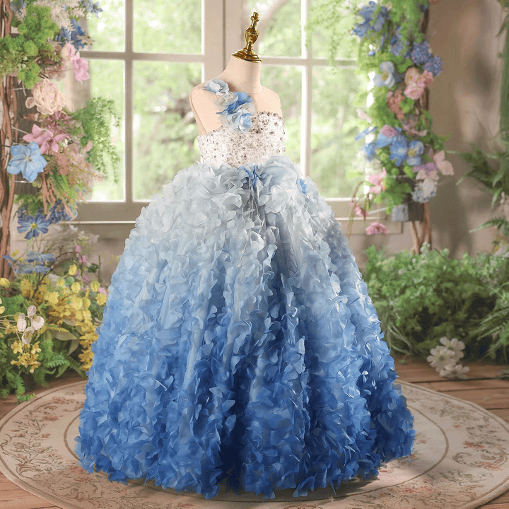 Blue Ombré Butterfly Petal Ball Gown