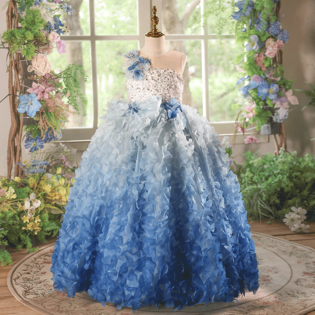 Blue Ombré Butterfly Petal Ball Gown