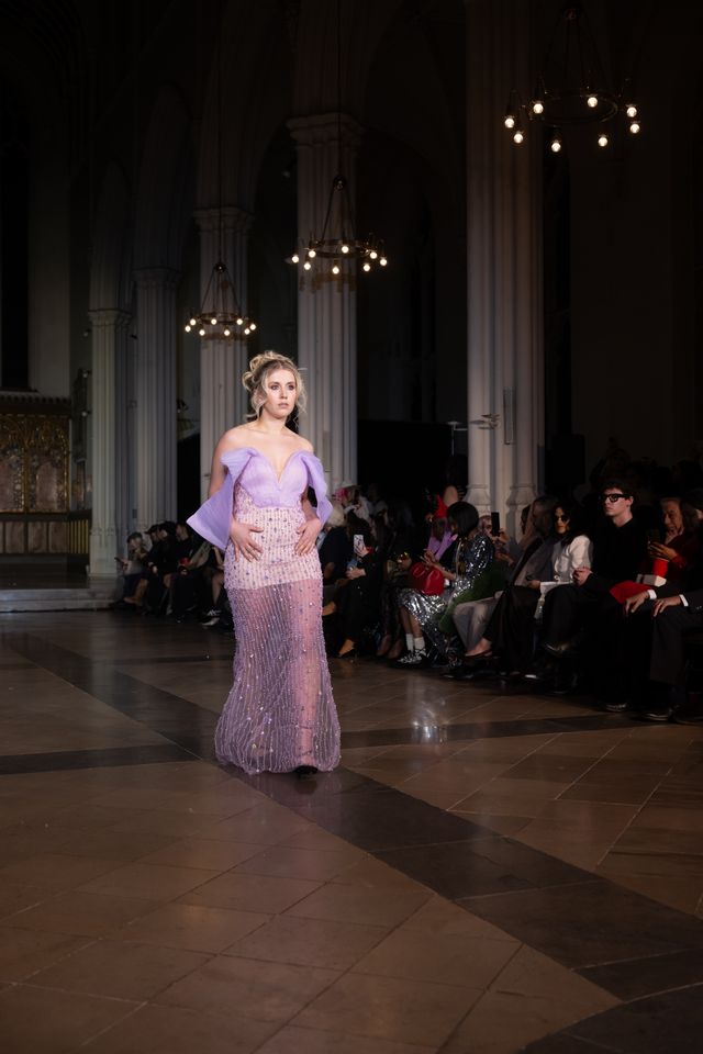 Luxury Purple Beaded Gown with Statement Sleeves