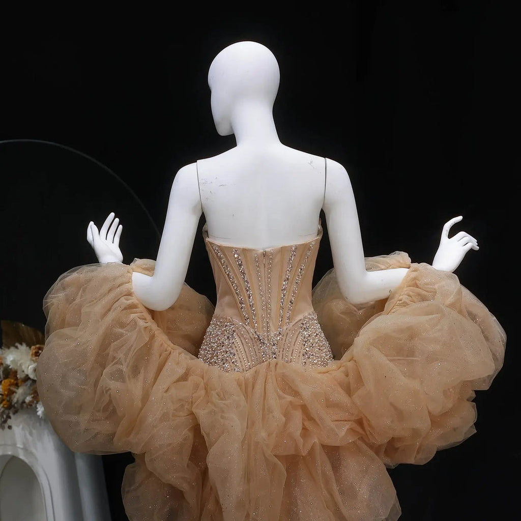 Designer Champagne Puff Sleeve Mermaid Dress