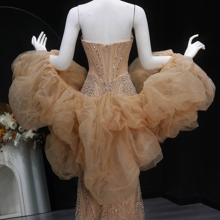 Designer Champagne Puff Sleeve Mermaid Dress