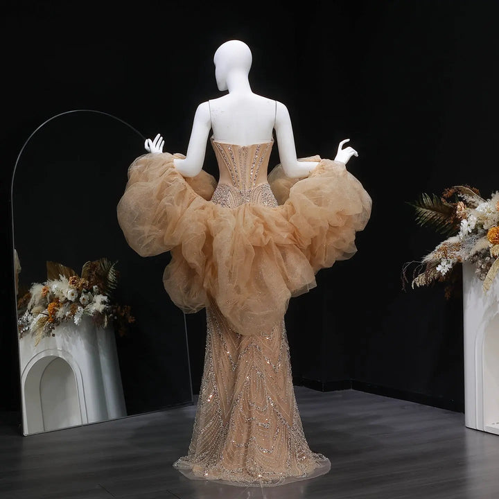 Designer Champagne Puff Sleeve Mermaid Dress